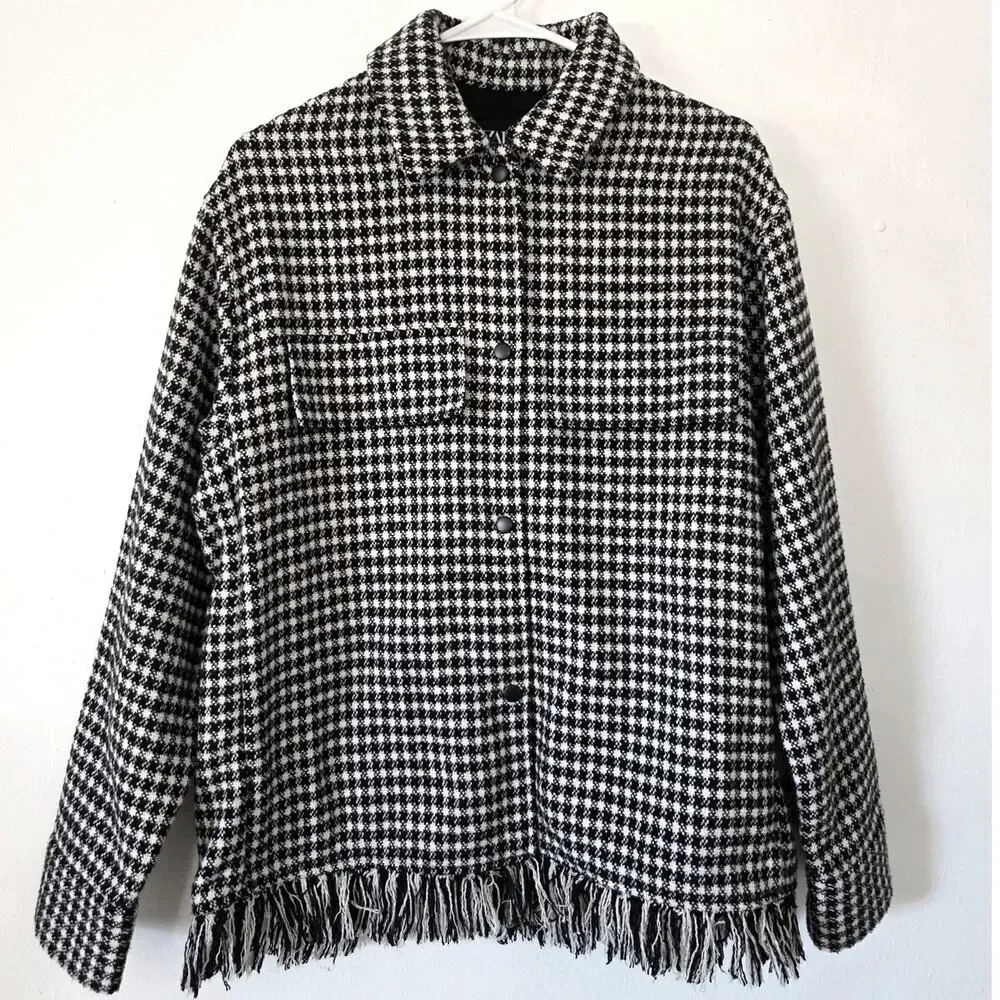 Zara Houndstooth Fringed Overshirt Barn Jacket Oversized Tweed Shacket 4391/737 - Picture 4 of 15